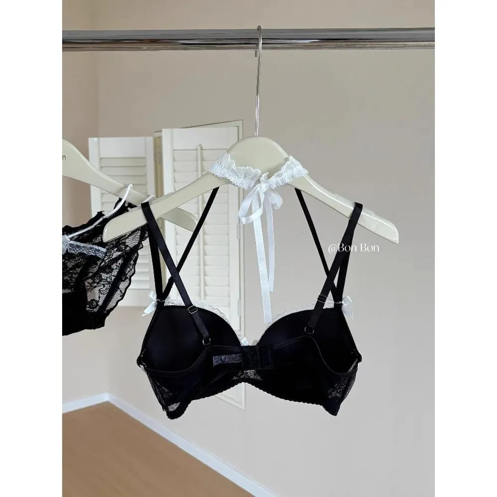 French Lace Halter Neck Women Lingerie Set Push‑Up Bra Kit Soft Breathable Skin‑Friendly Underwear For Small Bust