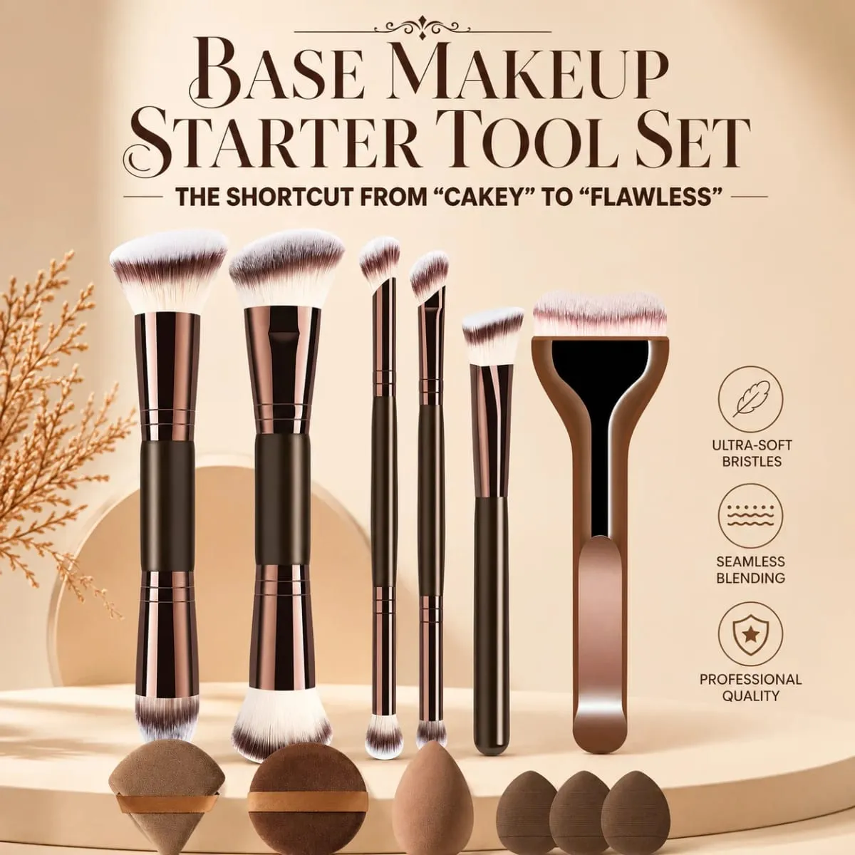 12-Piece Makeup Brush Set With 6 Flat and Round Brushes and 6 Sponges for Foundation Powder Blush and Eyeshadow