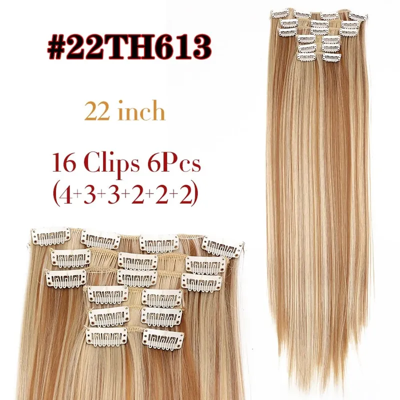 Black Clip In Extensions Straight 22" Long Synthetic Thick Clips On Hair Piece For Women 6Pcs/Set Curly Full Head Weddings Daily