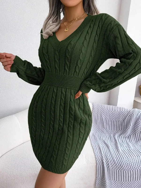 VigoCasey 2026 V Neck Casual Short Knit Dress Autumn Winter Women Solid Long Sleeve Dress Lady Khaki Bodycon Knitted Dresses — image 13