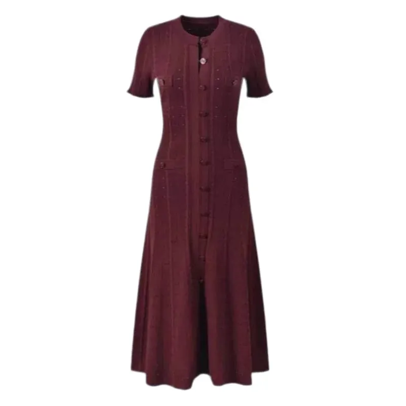 Elegant Knitted Dress round Neck Short Sleeve Hollow out Long Dress Ribbed Single Button Knitted Dress Fashionable Commute Style