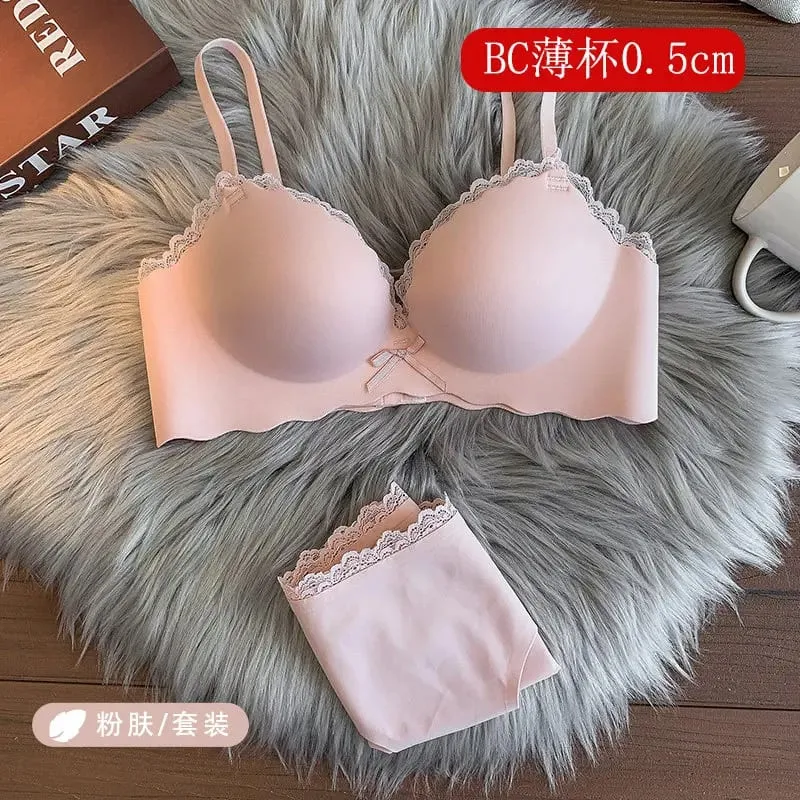 セクシーWomen Wireless Seamless Bra Set One‑Piece Push‑Up Brassiere Small Bust Side Support Anti‑Sag Soft Ladies Intimates Lingerie