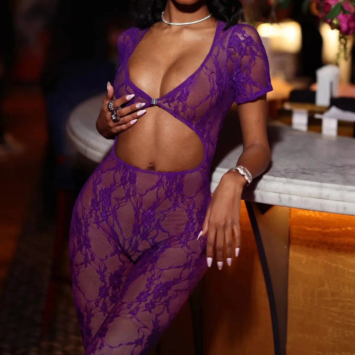 2026 Sexy Lace deep V-jumpsuit Women's Fashionable Backless See Through High Waisted Jumpsuit
