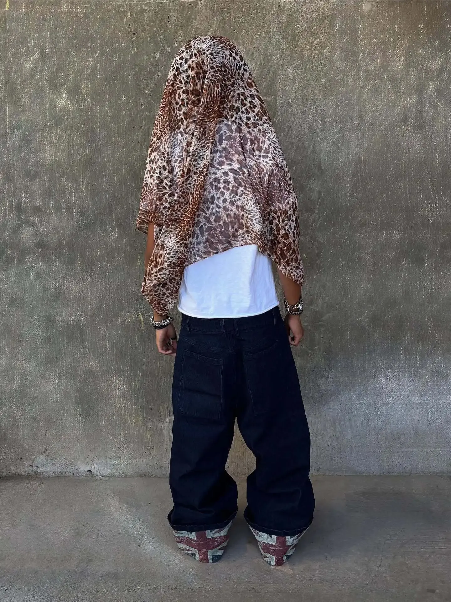 Y2K Skate Style Dark Blue Jeans UK Flag Printed Cuffed Hem Loose Wide Leg Denim Pants Streetwear