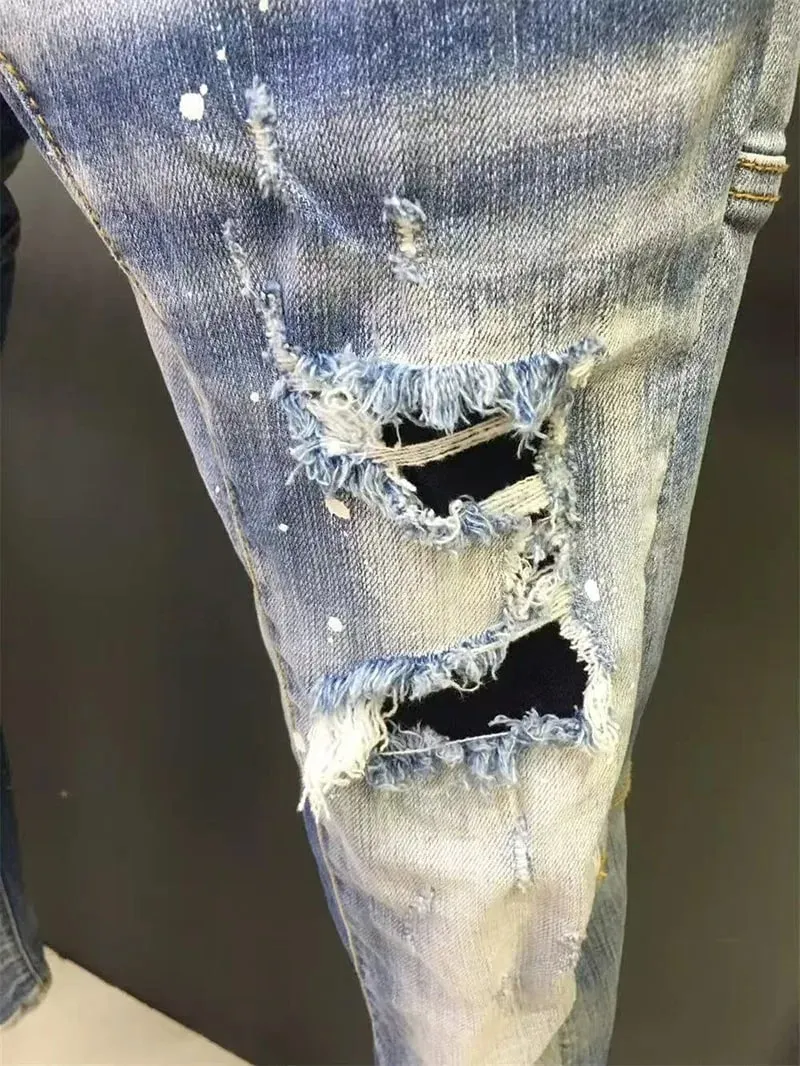 だぶだぶのジーンズ男性用パンツダメージ加工ジーンズトレンディなストリートスリムストレートレッグストレッチパンツメンズファッション