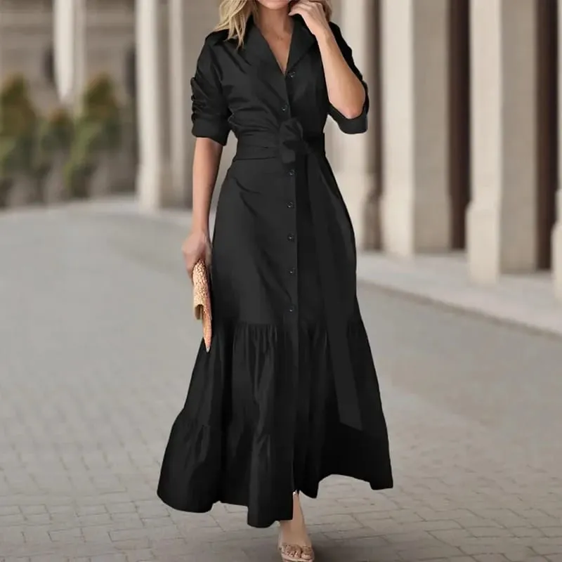 Spring Summer New Women's Long Solid Color Shirt Dresses Versatile Elegant V Neck Lace Up Cinched Waist Single Breasted Dress