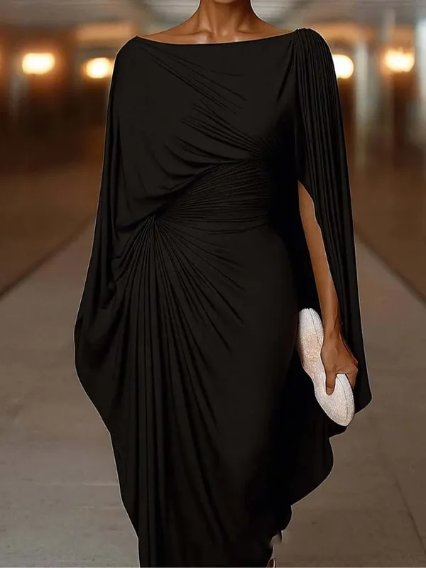 Elegant High Waist Solid Color Banquet Dress Lady Leisure Irregular Long Sleeve Dress Sexy Slash Collar Pleat Slim Evening Dress