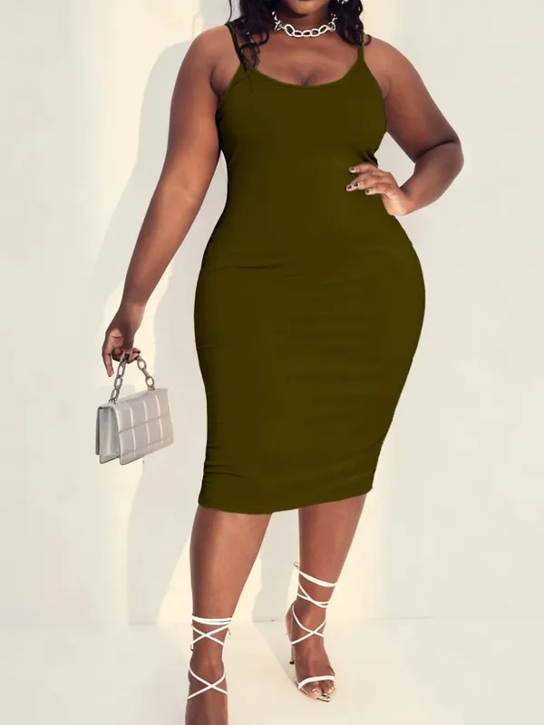 Plain Solid Low Scoop Neck Mid-Length Silhouette Wide Color Range Plus Size Knit Spaghetti Strap Maxi Dress Skin Friendly Comfort Modern Fashion Casual All Season Daily Wear Sleeveless Dress For Curvy Females
