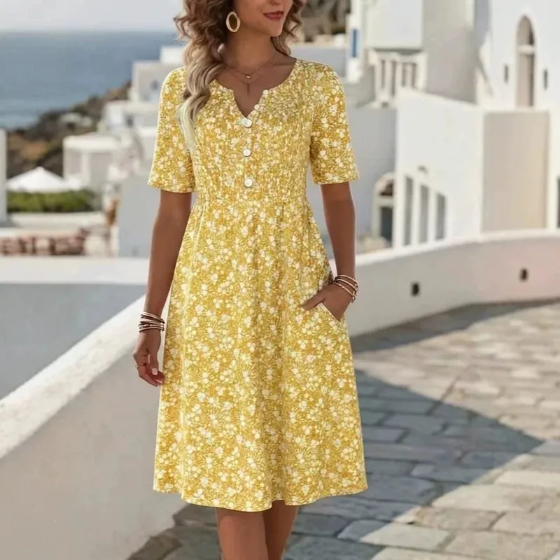 2026 New Summer Floral Print V Neck Midi Dress Short Sleeve Dresses For Women Retro Casual Button Pocekts Ladies Dress Vestidos