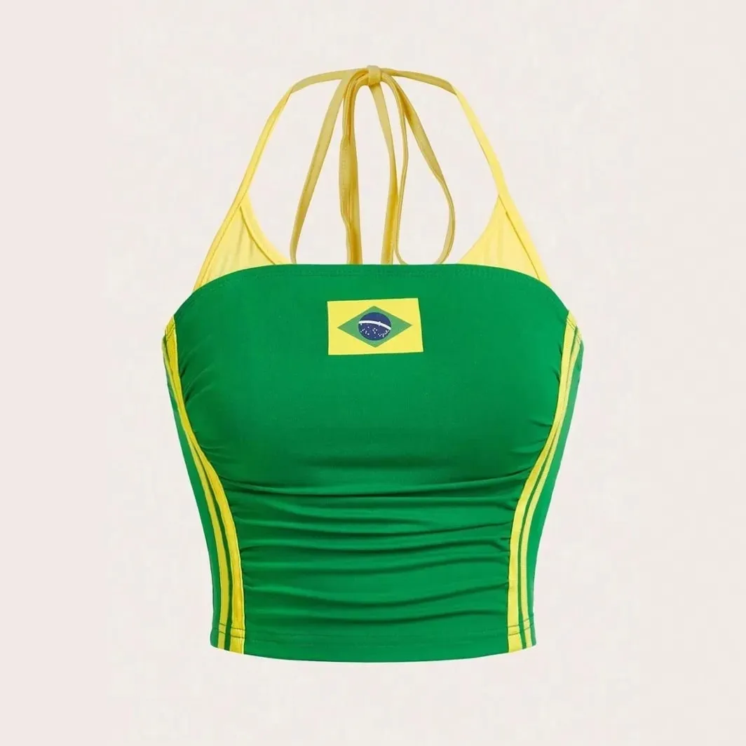 Women Brazil Flag Print Halter Crop Top Color Block Stripe Sleeveless Slim Y2K Summer Streetwear Going Out Sports Cami Tank Top