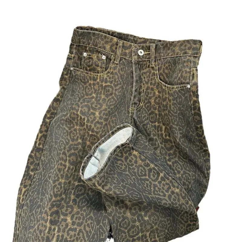 American Vintage High Street Men's Leopard Casual Trendy Loose Wide Leg Straight Denim Trousers Male Simple Basic Jeans Pants