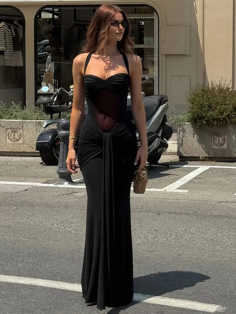 Nibber Halter Mesh Patchwork Dress Women Summer Trend Off Shoulder Backless Ruched Ribbon Midnight Prom Party Hipster Vestidos