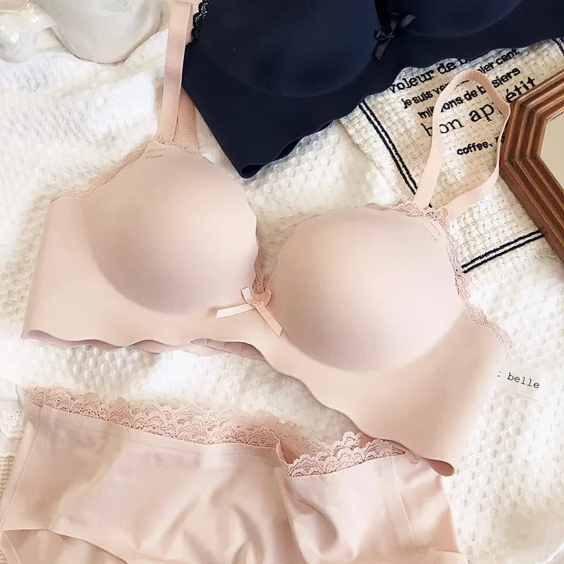 Wire Free Push Up Thicken Underwear For Women Small Chest Gather Seamless Bra And Panty Sets Bow Pure Color Fashion Intimates