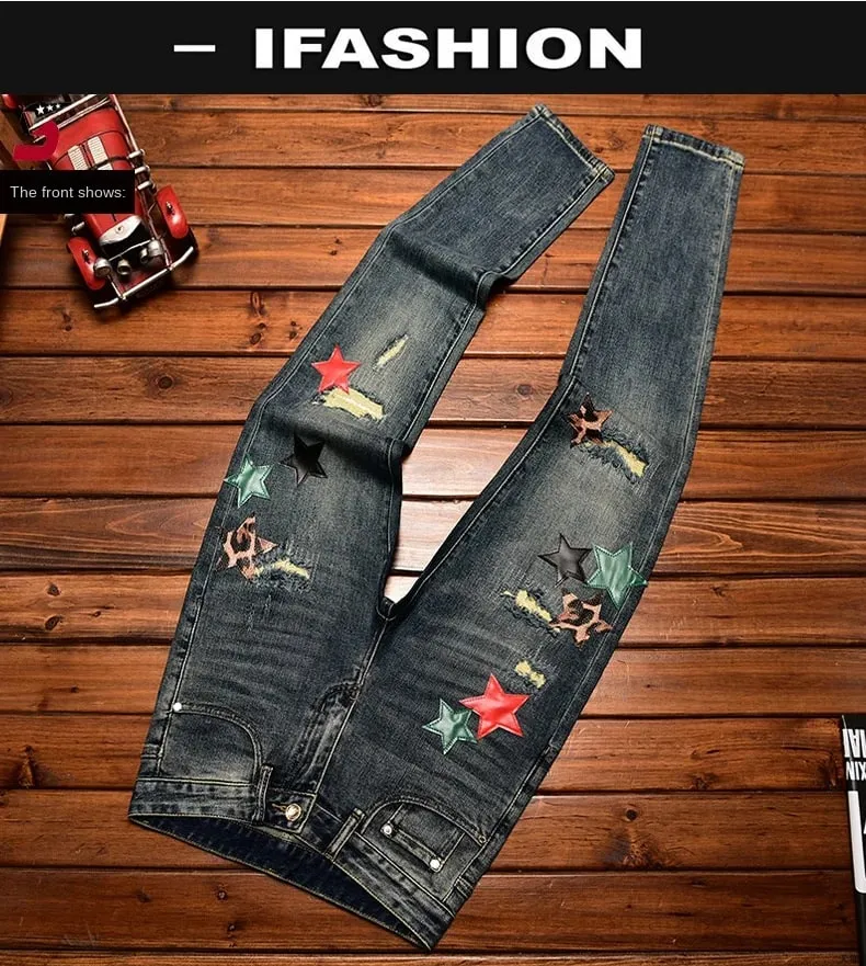 High Street Fashion Jeans Panlalaking Taglagas at Taglamig na Butas at Patch ng Damit Personality Star Patch Slim Fit Skinny Stretch Pants