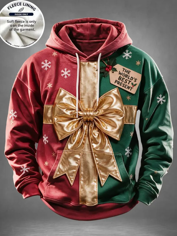 Men Fleece Lined Hoodie Santa Beer Christmas Tree Print Pullover Hooded Sweatshirt Holiday Hoody