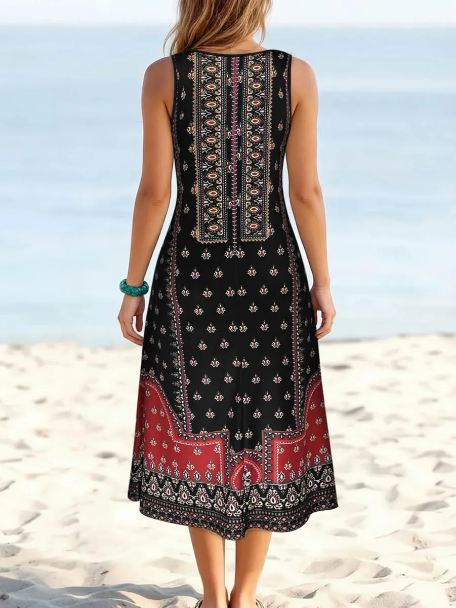 Women's Tribal Print Sleeveless Midi Dress Round Neck Loose A Line Casual Sundress Summer Beach Boho Vacation Dress