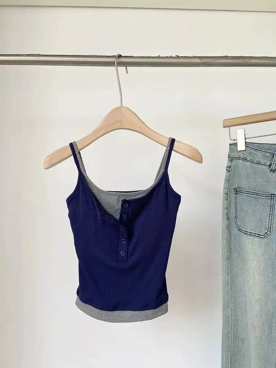 Fashion Fake Two Piece Camisole for Woman Spring Autumn Short Slim Fit Chest Pad Tank Women Korean Street Spicy Girl Clothes