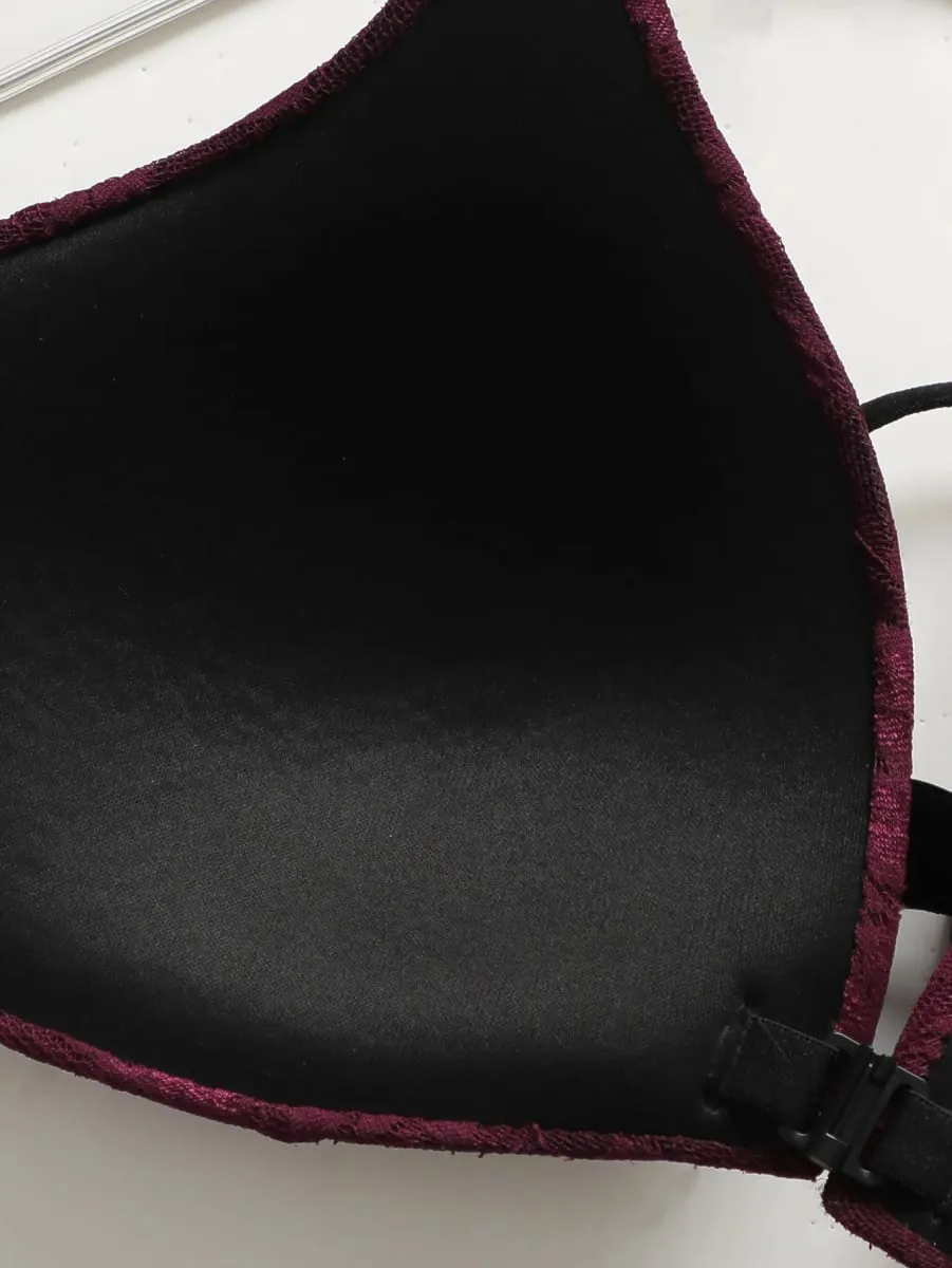 Sexy Burgundy Red Lace Wireless Front Closure Bra Set Push Up Padded Bralette & G-string Women Romantic Lingerie Set 70B-85B