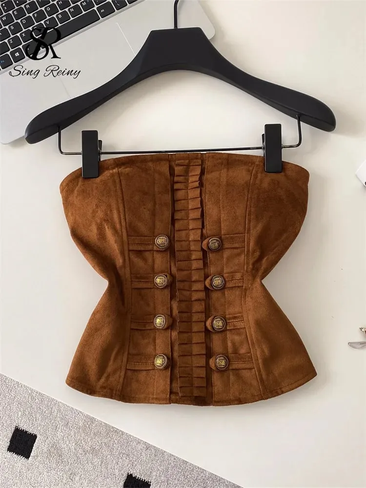 Fake Suede Senior Vintage Tank Top Autumn Female Metal Button Bodycon Top French Sensual Chic Commute Party Camisole