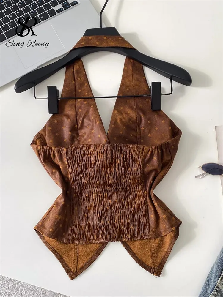 Polka Dot PU Leather Sexy Top Slim Backless Shirred Zipper Sensual Tank Top 2026 Women Trendy Halter Hotsweet Camisole