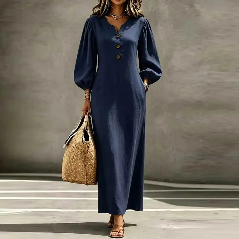 Vintage Casual Long Dress Women V Neck Wrist Puff Sleeve Loose Beach Holiday Dresses Women Casual Button Up Maxi Dresses Robe