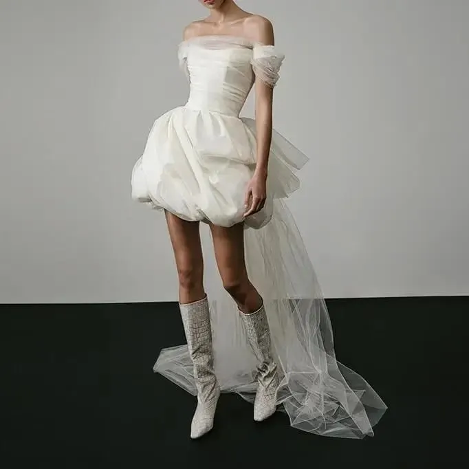 New Elegant Lightweight Wedding Dresses for Women White Sexy Bridal Mini Dress with Mesh Trailing Bridal Luxury Party Vestidos