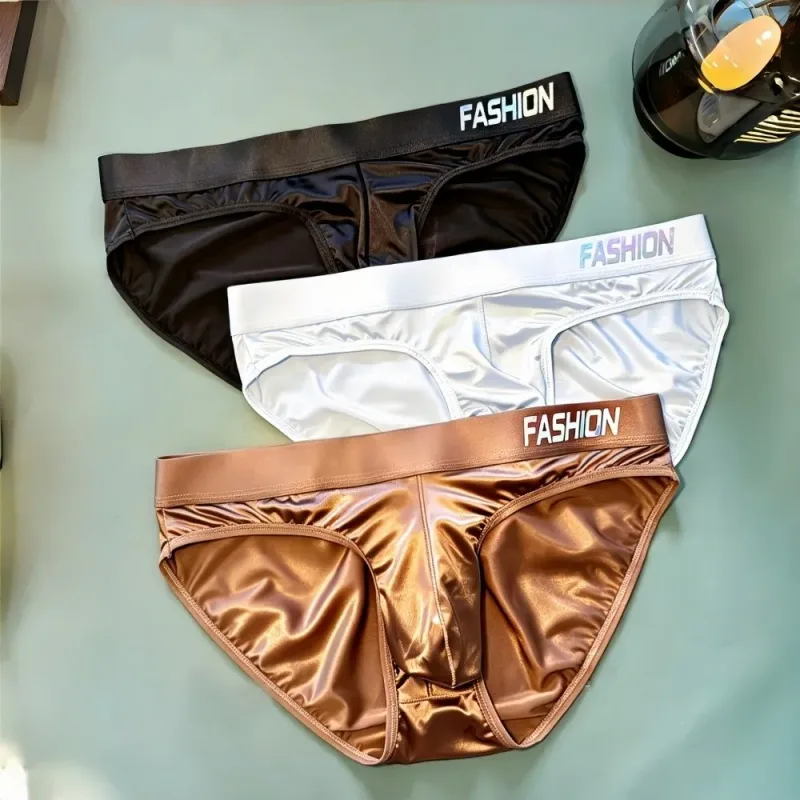 Underwear Men's Triangle Panties Low Waist Ultra Smooth Satin Silky Briefs Lingerie Gradient Letter Glossy Underpants Daily Wear