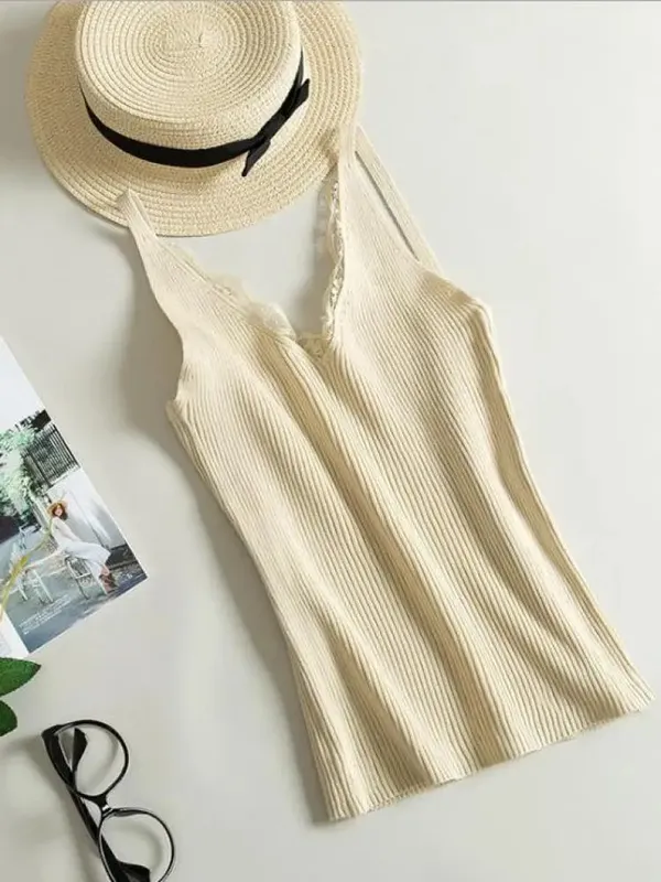 2026 Summer Casual Tops Solid Stitching V-neck Camis Women Hook Flower Lace Tank Female Knitted Short Slim Sleeveless Shirt
