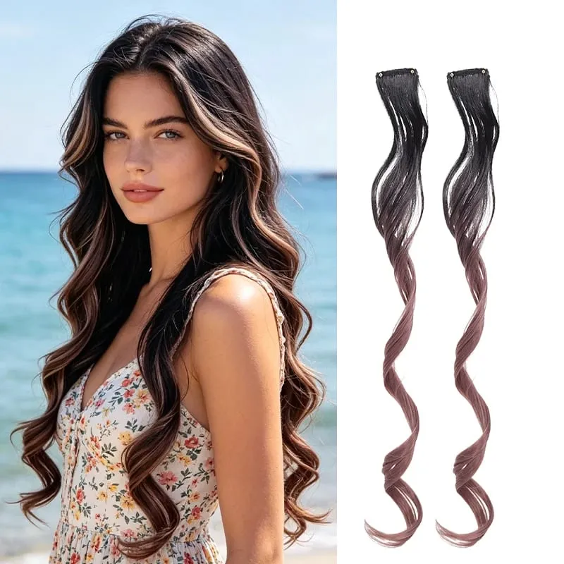 Gradient Wave Clip - in Hair Extensions 2pcs Synthetic Fiber Color - Blocked Tassel Ear - Side Dyeing for Daily Party Cosplay