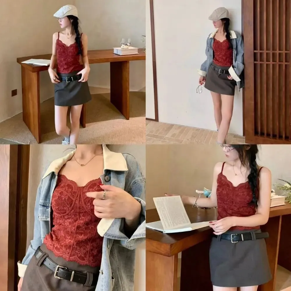 New Fleece-lined Women Winter Camisole Retro Lace Floral with Chest Pad Tank Tops Slim Camis Sleeveless Crop Tops Women Girl