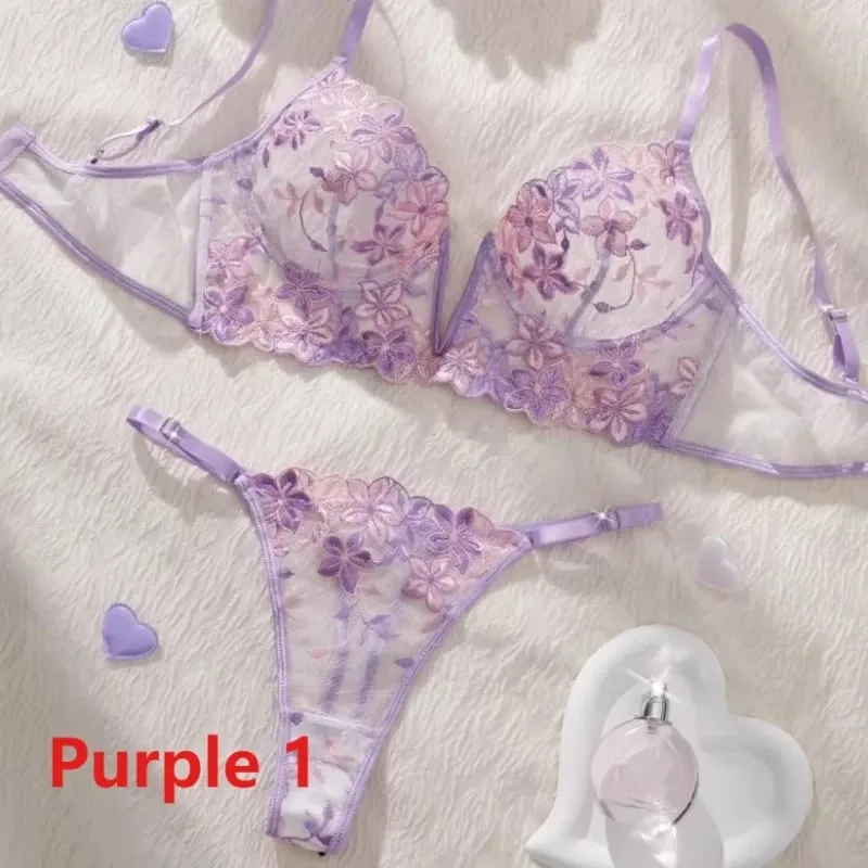 Mulheres transparente bralette underwire 2 peça sutiã e calcinha conjunto floral bordado lingerie sexy conjunto push up sutiã calcinha