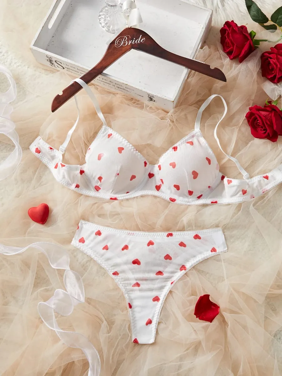 White Red Heart Polka Dots Mesh Sheer Lace Babydoll Sensual Lingerie Bra Set For Women Underwear Intimate Sexy Panty Set 2026