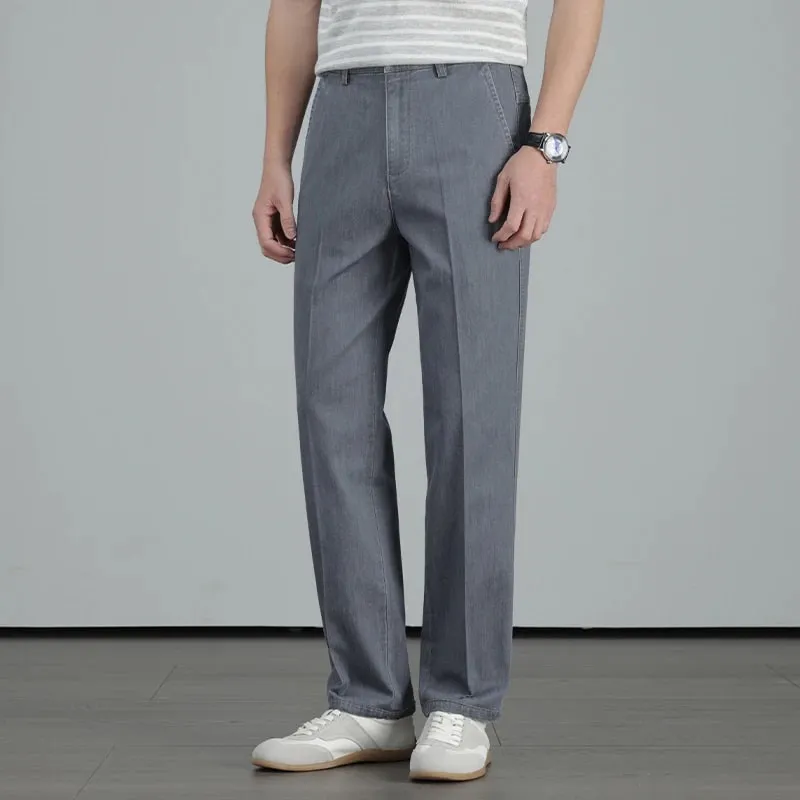 2026 Summer High Quality Clothing Men's Lightweight Straight Jeans Silk Lyocell Business Casual Thin Trousers Denim Pants