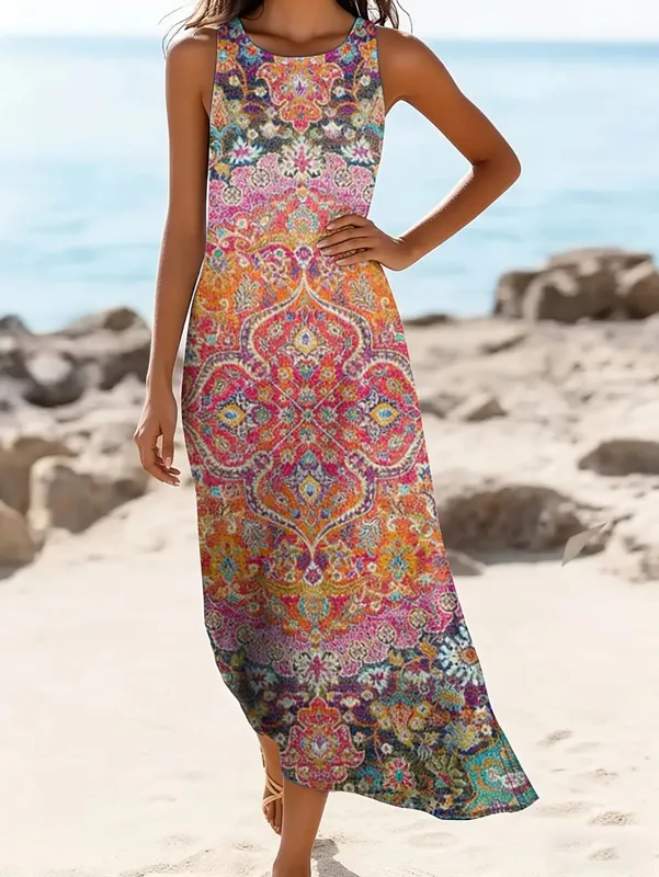 Vintage Floral Printed Women Sleeveless Sundress Summer Loose Casual Beach Long Dress Ladies Bohemia Maxi Dresses Party Vestidos