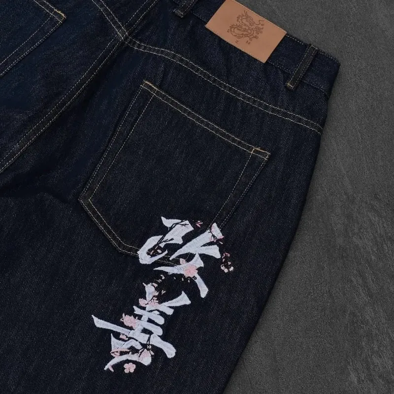 black jeans Harajuku hip hop Fromszn raw baggy jeans Y2K embroidery retro art font unisex woven washed patchwork wide leg pants