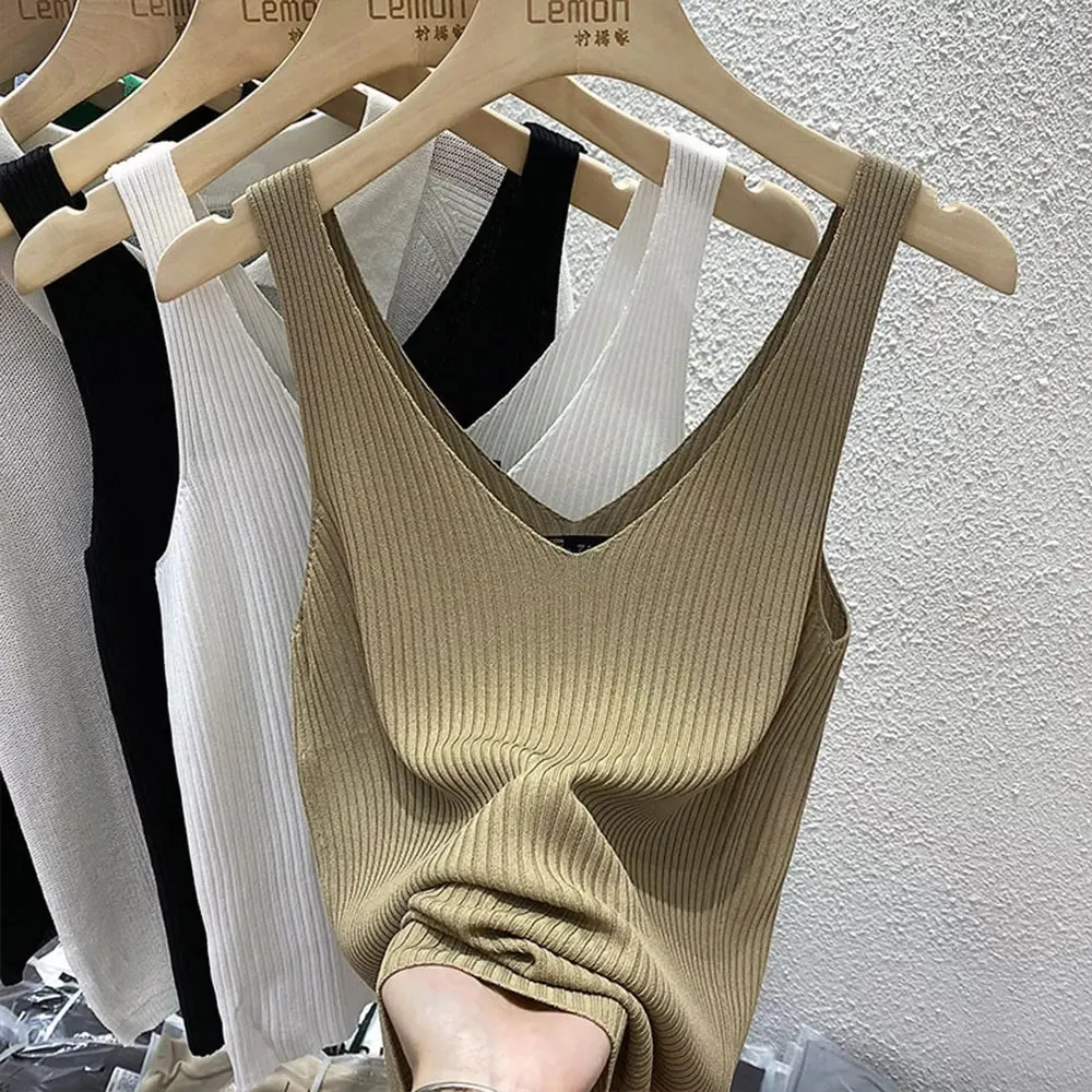 New Summer Sexy V-Neck Sleeveless Knit Women Camis Slim Pure Desire Style Basic Crop Top Korean Style Solid Versatile Tank Top