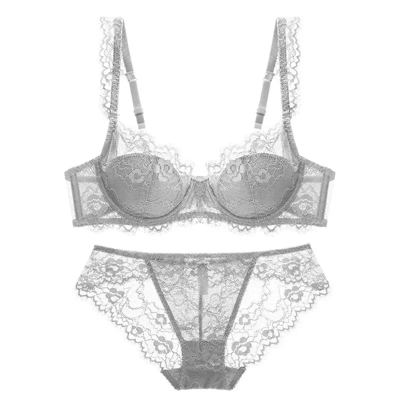Lightly Lined Eyelash Lace Thin Cup Bra and Panties Set Underwear with Push Up Soft Comfortable Breathable Sexy Female Lingerie