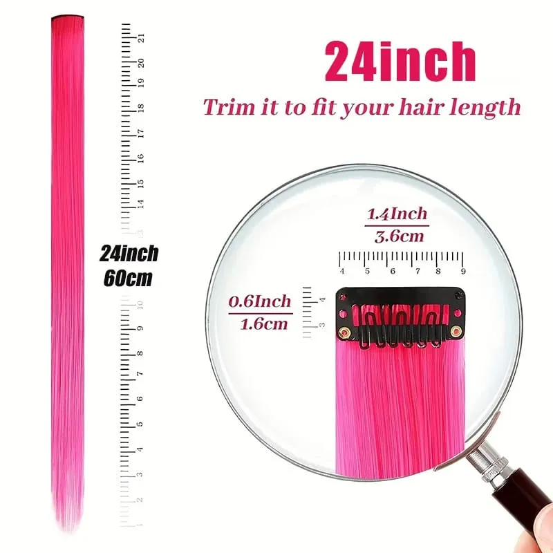 5 Pieces of Colorful Hair Clips 24 Inch Long Straight Fake Hair Clips Combined for Christmas Fashion Wig Pieces