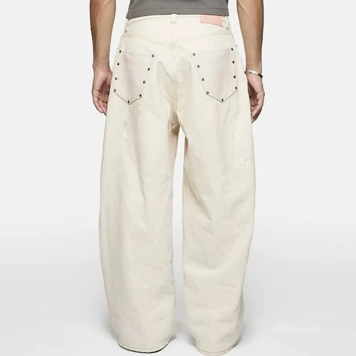 High Street Dirty Mud Splatter Baggy Jeans for Men Solid Color Loose Straight Rivet Pocket Washed White Denim Trousers Oversize