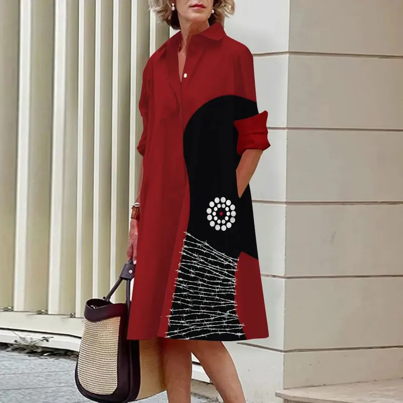 Zomer Nieuwe Damesjurken Mode Karakter Kunst Patroon Losse Grote Maat Casual Temperament Commuter Onregelmatige Lange Rok Tops