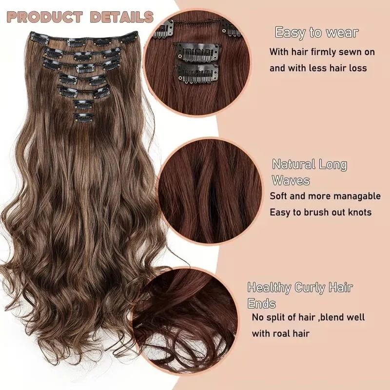 Synthetic 24Inch 7pcs/set Long Curly Clip In Hair Extensions Heat Resistant Fluffy Hairpiece for Women Daily Party Use