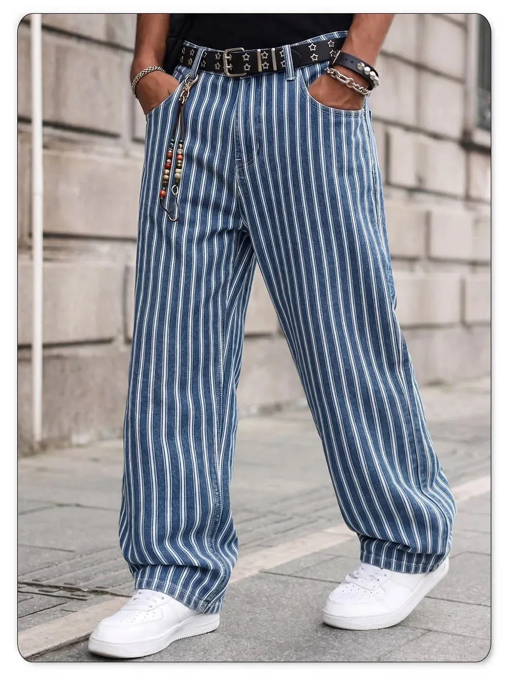 Men's Blue White Striped Jacquard Straight Leg Jeans Baggy Casual Pants Suitable for Work and Leisure Without Elasticity — image 4
