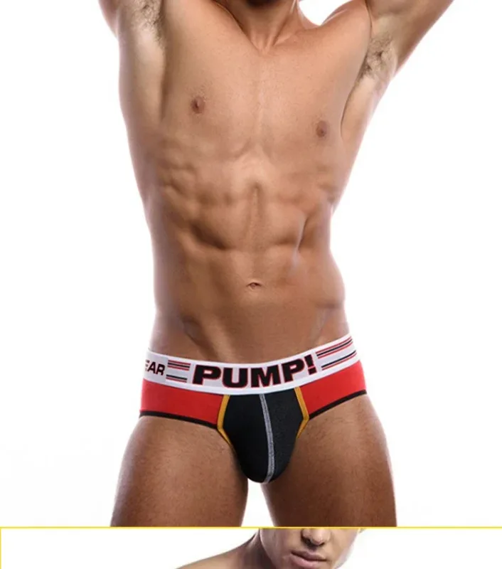 Celana Dalam Katun Warna Blok Pria, Pump! Logo Celana Dalam Kantong Cembung 3D Seksi Bertingkat Rendah Ikat Pinggang Lebar 3256813080433415