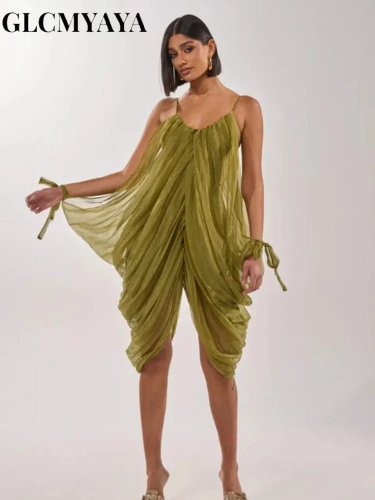 CM.YAYA Women Sheer Mesh Draped Plunging Neck Mini Slip-style Midi Dress 2026 Summer Holiday Birthday Vacation High-low Dresses