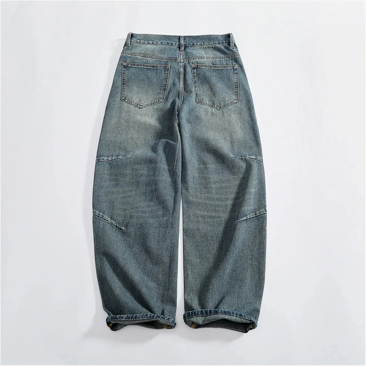Retro distressed whiskering jeans for men three-dimensional split silhouette wide-leg loose denim trousers