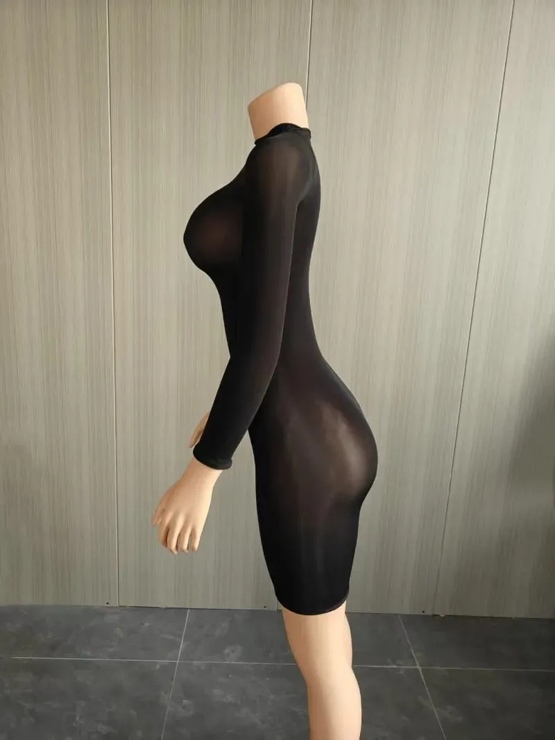 Oil Shiny Seamless Body Stockings Bodycon Mini Dress Women See Through O Neck Long Sleeve High Stretch Silky Glossy Clubwear