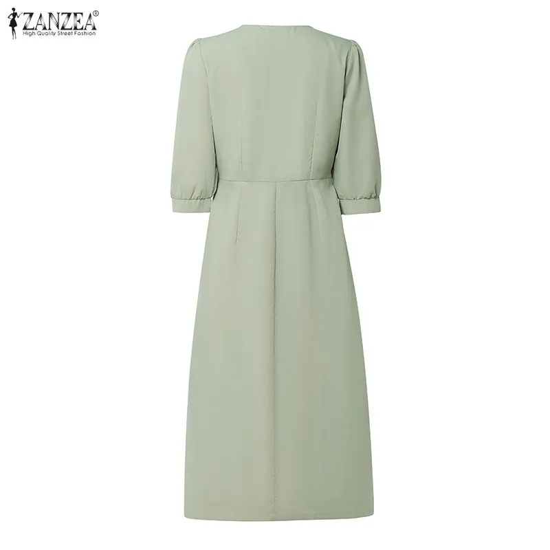 2026 ZANZEA Stylish Split Hem Dress Women Summer Sundress V Neck Half Sleeve Holiday Midi Robe Casual Solid Color Work Dresses