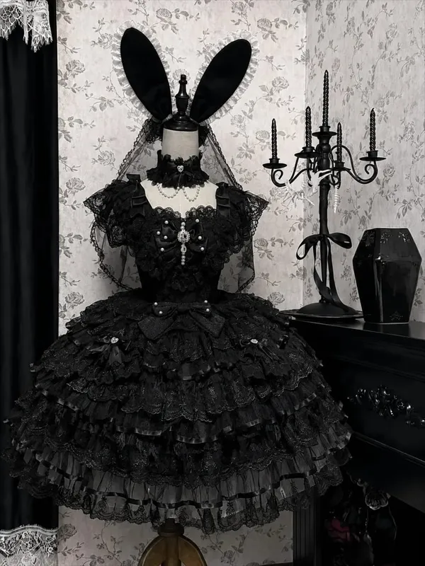 Y2K Sweet Lolita Jks Strap Dress Women Solid Ruffle Lace Bow Patchwork Kawaii Princess Ball Gown Knee-Length Elegant Party
