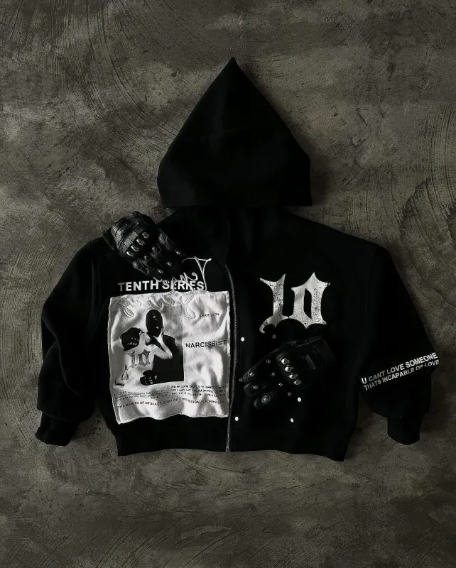 Black Gothic Zip Up Hoodies Retro Hip Hop Graphic Patchwork Hoodie Y2k Men Women Punk Patch Harajuku Jacket Clothing