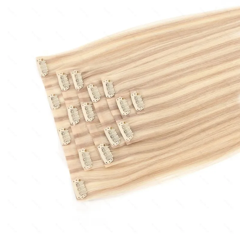 PU Clip Ins Human Hair Premium Remy Clip In Extension Sa Tape Weft Silk Straight European Real Natural na Buhok 14-24inch 7pcs 110G